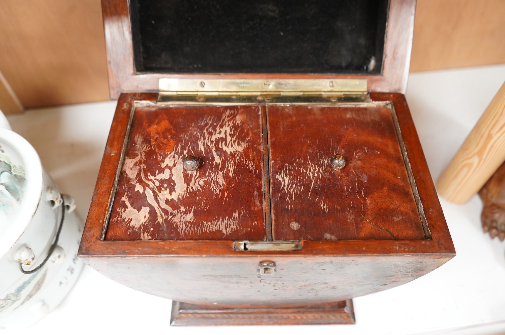 A late 19th century Grecian revival mahogany and penwork sarcophagus shaped tea caddy, 28cm wide